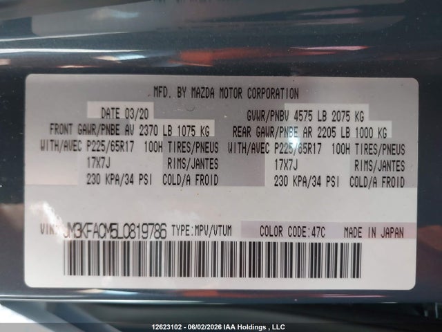 Aukcja sprzedaży 2020 Mazda Cx-5 Gs, vin: JM3KFACM5L0819786, numer aukcji: 12623102