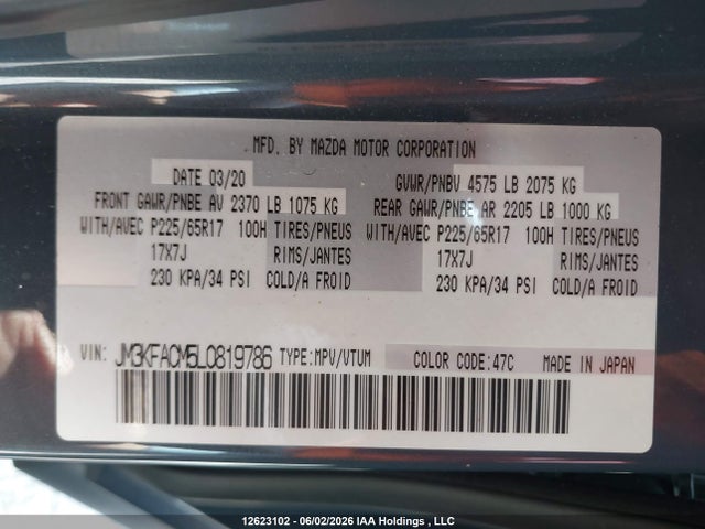 Aukcja sprzedaży 2020 Mazda Cx-5 Gs, vin: JM3KFACM5L0819786, numer aukcji: 12623102