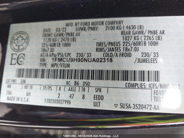 12601294 :رقم المزاد ، 1FMCU9H90NUA02318 vin ، 2022 Ford Escape Sel مزاد بيع