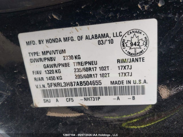 Продажа на аукционе авто 2010 Honda Odyssey Touring, vin: 5FNRL3H87AB504655, номер лота: 12607184