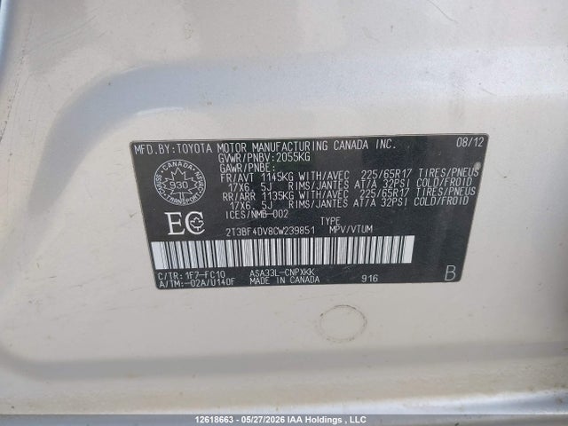 Продаж на аукціоні авто 2012 Toyota Rav4, vin: 2T3BF4DV8CW239851, номер лоту: 12618663
