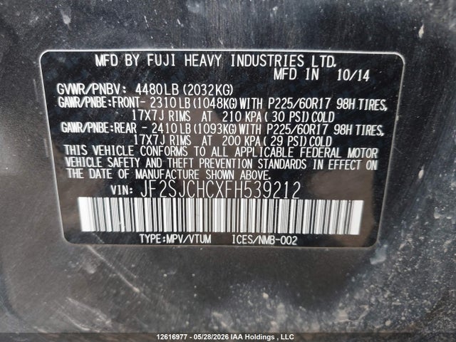 2015 Subaru Forester 2.5i Touring Package მანქანა იყიდება აუქციონზე, vin: JF2SJCHCXFH539212, აუქციონის ნომერი: 12616977