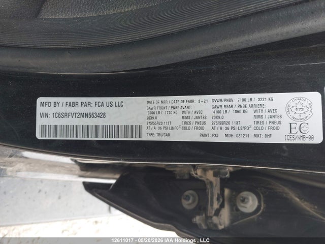 12611017 :رقم المزاد ، 1C6SRFVT2MN663428 vin ، 2021 Ram 1500 Sport مزاد بيع