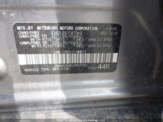 Продаж на аукціоні авто 2018 Mitsubishi Rvr Se/es, vin: JA4AH3AU6JU603183, номер лоту: 12623112