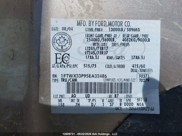 12609731 :رقم المزاد ، 1FTWX33P95EA32486 vin ، 2005 Ford F-350 Lariat/xl/xlt مزاد بيع