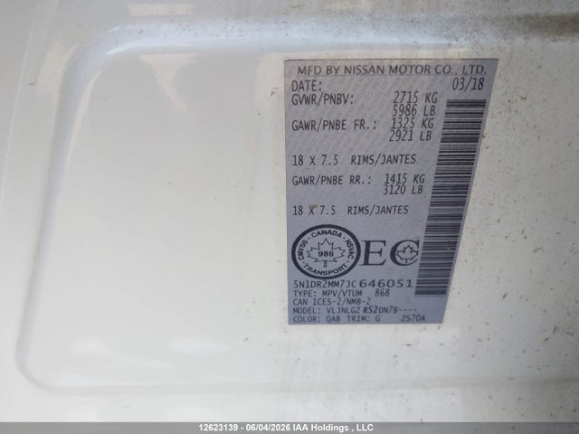 Auction sale of the 2018 Nissan Pathfinder Midnight Edition/platinum/s/sl Premium/sv Tech, vin: 5N1DR2MM7JC646051, lot number: 12623139