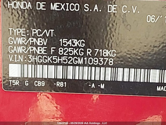 Продаж на аукціоні авто 2016 Honda Fit Lx, vin: 3HGGK5H52GM109378, номер лоту: 12623146