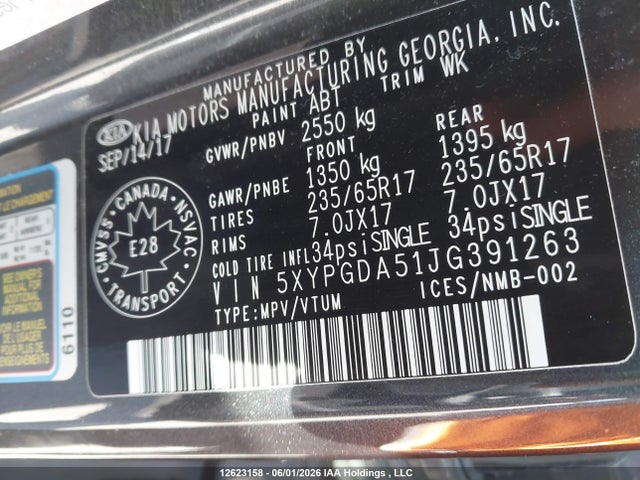 12623158 :رقم المزاد ، 5XYPGDA51JG391263 vin ، 2018 Kia Sorento 3.3l Lx مزاد بيع