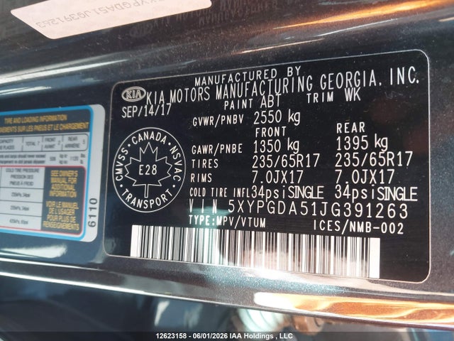 12623158 :رقم المزاد ، 5XYPGDA51JG391263 vin ، 2018 Kia Sorento 3.3l Lx مزاد بيع