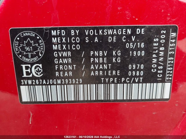 Auction sale of the 2016 Volkswagen Jetta S, vin: 3VW267AJ0GM393929, lot number: 12623161