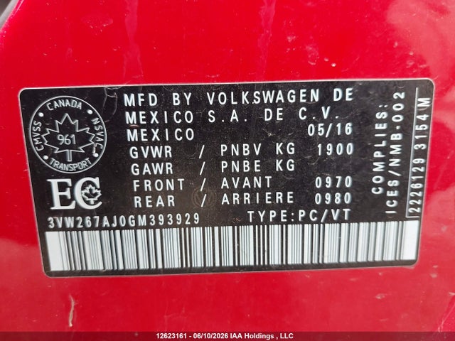 Auction sale of the 2016 Volkswagen Jetta S, vin: 3VW267AJ0GM393929, lot number: 12623161