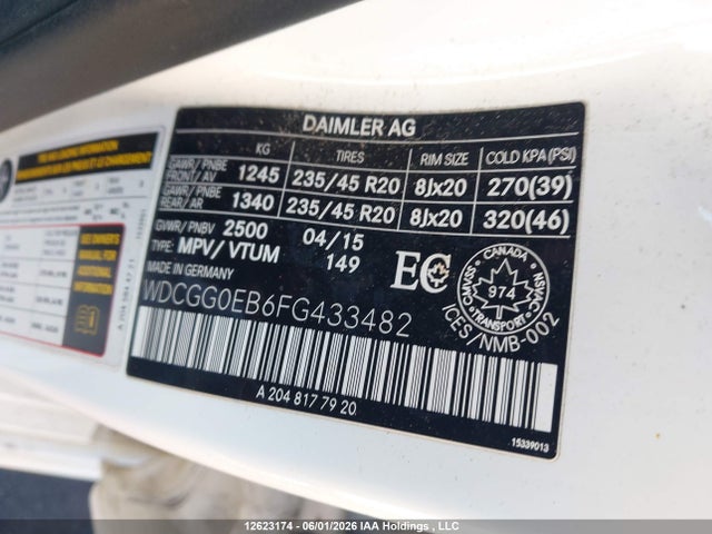 12623174 :رقم المزاد ، WDCGG0EB6FG433482 vin ، 2015 Mercedes-benz Glk 250 Bluetec 4matic مزاد بيع