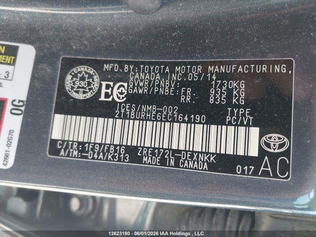 Aukcja sprzedaży 2014 Toyota Corolla L/le/le Pls/prm/s/s Pls, vin: 2T1BURHE6EC164190, numer aukcji: 12623180