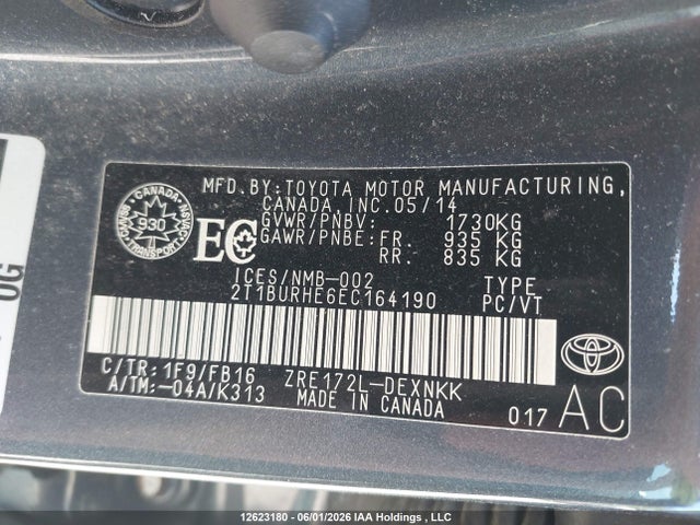 Aukcja sprzedaży 2014 Toyota Corolla L/le/le Pls/prm/s/s Pls, vin: 2T1BURHE6EC164190, numer aukcji: 12623180