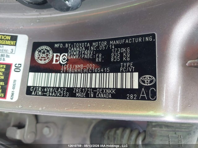 12610759 :رقم المزاد ، 2T1BURHE9EC165415 vin ، 2014 Toyota Corolla Le مزاد بيع