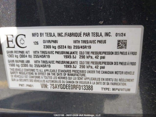 12623188 :رقم المزاد ، 7SAYGDEE0RF013388 vin ، 2024 Tesla Model Y مزاد بيع