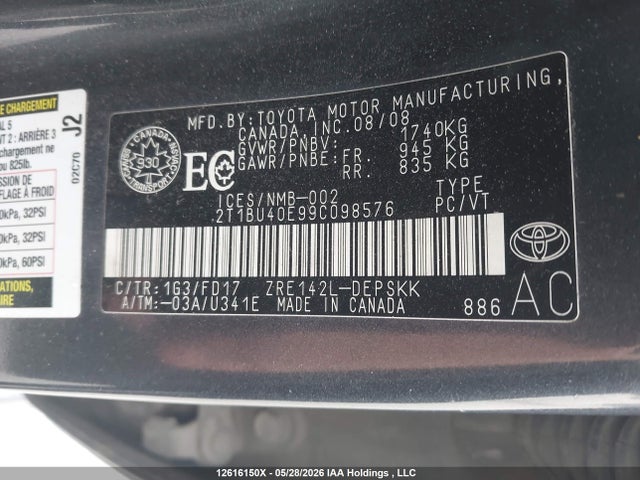 Продаж на аукціоні авто 2009 Toyota Corolla S, vin: 2T1BU40E99C098576, номер лоту: 12616150