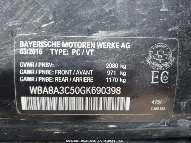 2016 Bmw 320 Xi მანქანა იყიდება აუქციონზე, vin: WBA8A3C50GK690398, აუქციონის ნომერი: 12623189