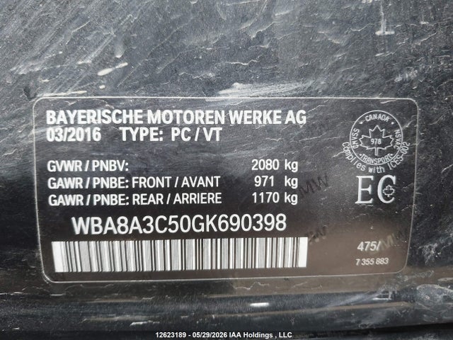 2016 Bmw 320 Xi მანქანა იყიდება აუქციონზე, vin: WBA8A3C50GK690398, აუქციონის ნომერი: 12623189