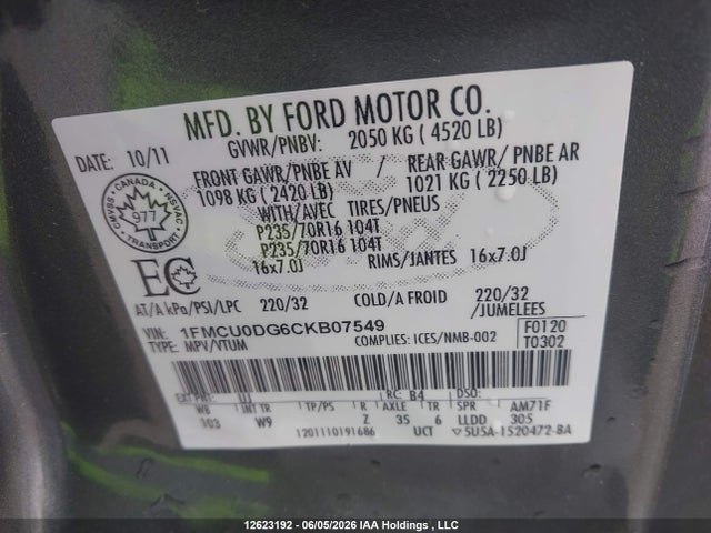 Продаж на аукціоні авто 2012 Ford Escape Xlt, vin: 1FMCU0DG6CKB07549, номер лоту: 12623192