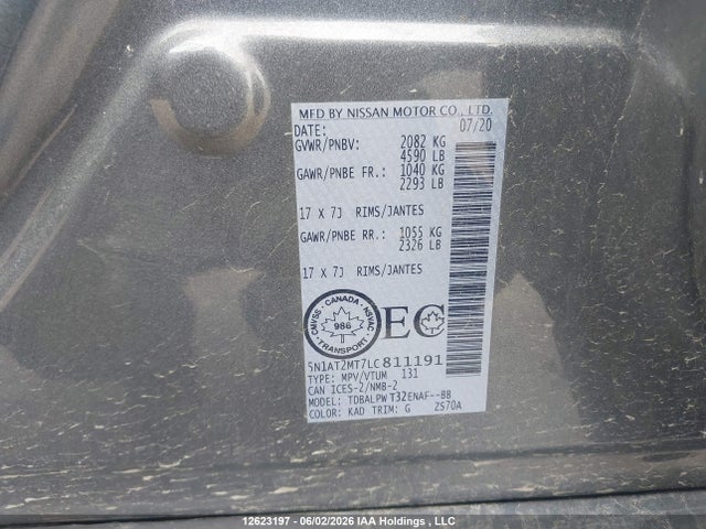 2020 Nissan Rogue S მანქანა იყიდება აუქციონზე, vin: 5N1AT2MT7LC811191, აუქციონის ნომერი: 12623197