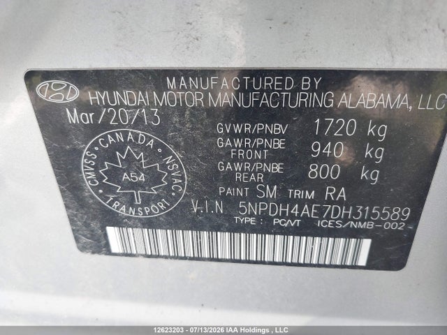 Aukcja sprzedaży 2013 Hyundai Elantra Gl, vin: 5NPDH4AE7DH315589, numer aukcji: 12623203