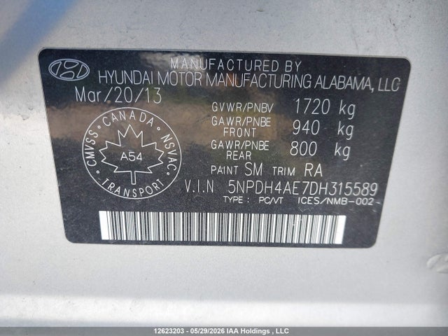 Aukcja sprzedaży 2013 Hyundai Elantra Gl, vin: 5NPDH4AE7DH315589, numer aukcji: 12623203