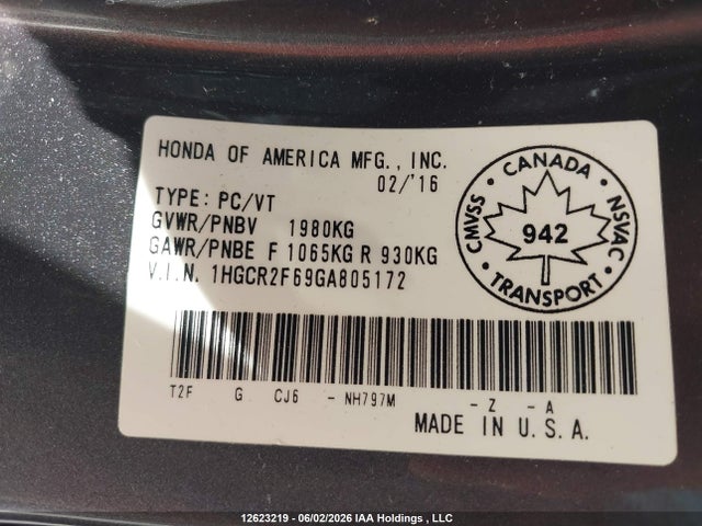 Aukcja sprzedaży 2016 Honda Accord Sport, vin: 1HGCR2F69GA805172, numer aukcji: 12623219