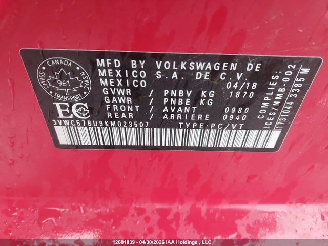 3VWC57BU9KM023507 Volkswagen Jetta 1.4 Tsi Comfortline
