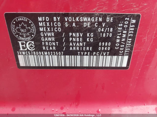 3VWC57BU9KM023507 Volkswagen Jetta 1.4 Tsi Comfortline
