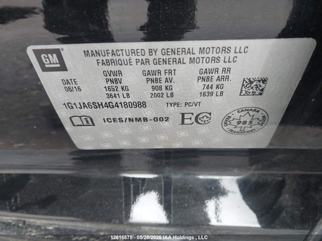 Продажа на аукционе авто 2016 Chevrolet Sonic Ls Auto, vin: 1G1JA6SH4G4180988, номер лота: 12616875