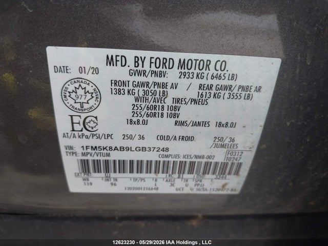 12623230 :رقم المزاد ، 1FM5K8AB9LGB37248 vin ، 2020 Ford Explorer Police Interceptor مزاد بيع