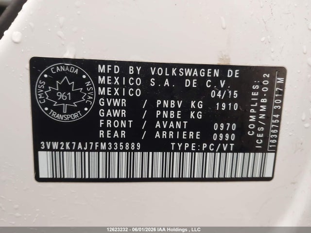 Aukcja sprzedaży 2015 Volkswagen Jetta 2.0l Trendline/2.0l Trendline+, vin: 3VW2K7AJ7FM335889, numer aukcji: 12623232