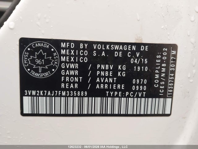 Aukcja sprzedaży 2015 Volkswagen Jetta 2.0l Trendline/2.0l Trendline+, vin: 3VW2K7AJ7FM335889, numer aukcji: 12623232
