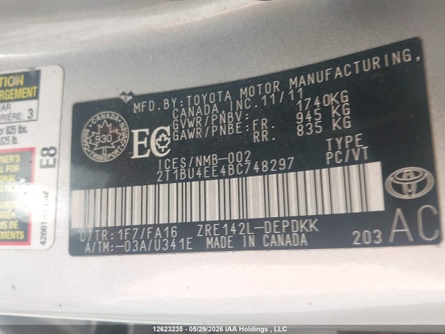 Aukcja sprzedaży 2011 Toyota Corolla S/le, vin: 2T1BU4EE4BC748297, numer aukcji: 12623235