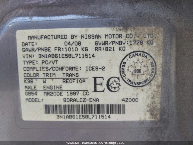 Продаж на аукціоні авто 2008 Nissan Sentra 2.0/2.0s/2.0sl, vin: 3N1AB61E58L711514, номер лоту: 12623237