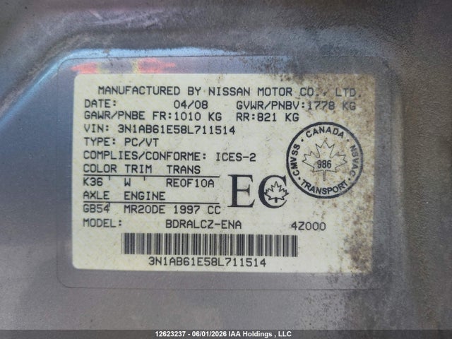 Продаж на аукціоні авто 2008 Nissan Sentra 2.0/2.0s/2.0sl, vin: 3N1AB61E58L711514, номер лоту: 12623237