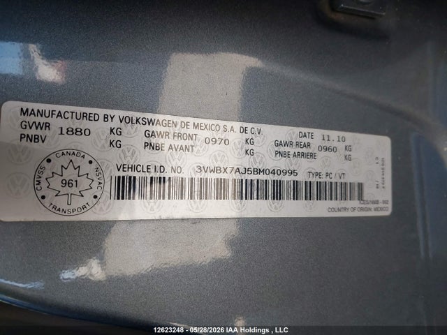 2011 Volkswagen Jetta 2.5l Comfortline/2.5l Sportline მანქანა იყიდება აუქციონზე, vin: 3VWBX7AJ5BM040995, აუქციონის ნომერი: 12623248