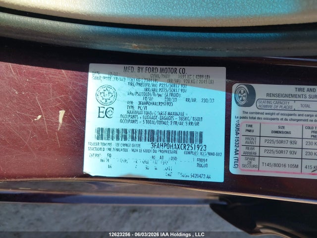 12623256 :رقم المزاد ، 3FAHP0HAXCR251923 vin ، 2012 Ford Fusion Se مزاد بيع