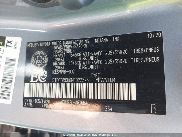 12623258 :رقم المزاد ، 5TDEBRCH8MS022725 vin ، 2021 Toyota Highlander Hybrid Limited مزاد بيع