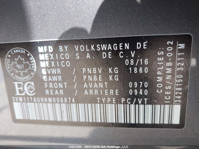 2017 Volkswagen Golf 1.8 Tsi Comfortline/1.8 Tsi Highline/1.8 Tsi Trendline მანქანა იყიდება აუქციონზე, vin: 3VW117AU9HM008874, აუქციონის ნომერი: 12623260