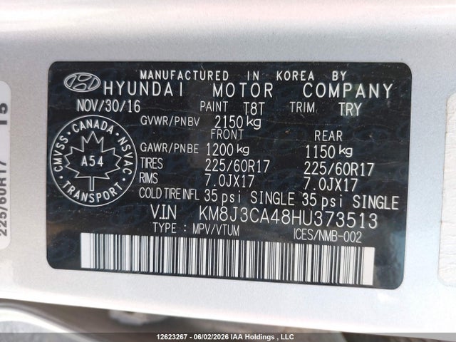 12623267 :رقم المزاد ، KM8J3CA48HU373513 vin ، 2017 Hyundai Tucson Luxury مزاد بيع