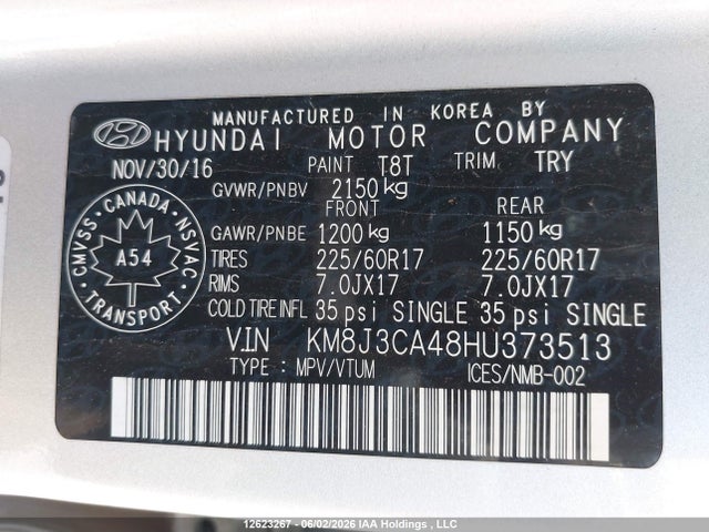 12623267 :رقم المزاد ، KM8J3CA48HU373513 vin ، 2017 Hyundai Tucson Luxury مزاد بيع