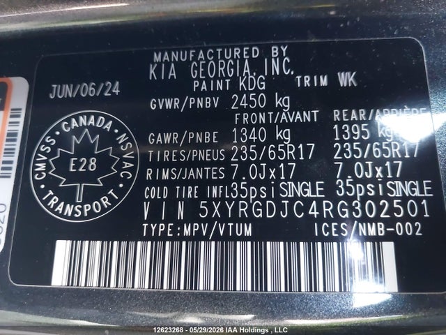12623268 :رقم المزاد ، 5XYRGDJC4RG302501 vin ، 2024 Kia Sorento Lx مزاد بيع
