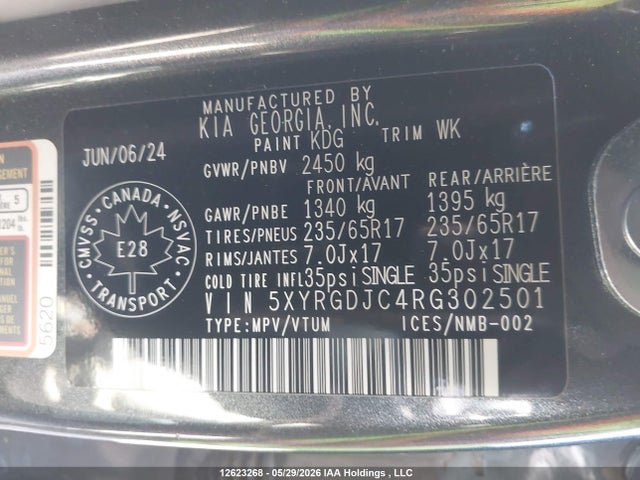 12623268 :رقم المزاد ، 5XYRGDJC4RG302501 vin ، 2024 Kia Sorento Lx مزاد بيع