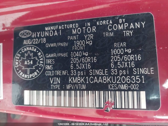 Продаж на аукціоні авто 2019 Hyundai Kona, vin: KM8K1CAA8KU206351, номер лоту: 12623269