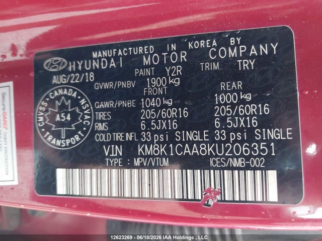 Продаж на аукціоні авто 2019 Hyundai Kona, vin: KM8K1CAA8KU206351, номер лоту: 12623269