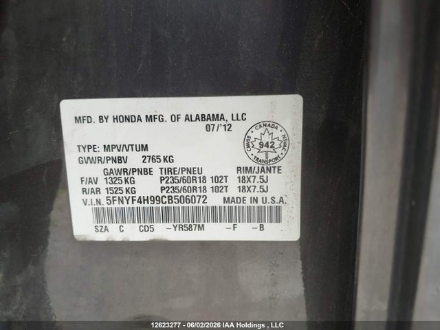 Продажа на аукционе авто 2012 Honda Pilot, vin: 5FNYF4H99CB506072, номер лота: 12623277