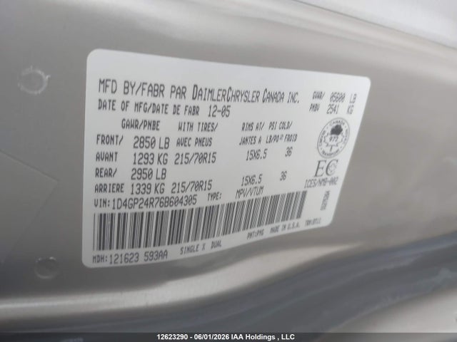 12623290 :رقم المزاد ، 1D4GP24R76B604305 vin ، 2006 Dodge Grand Caravan مزاد بيع