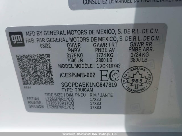 Продаж на аукціоні авто 2022 Chevrolet Silverado K1500, vin: 3GCPDAEK1NG647819, номер лоту: 12623302